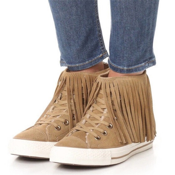 CONVERSE Suede Fringe Tan High Top Lace Up Sneakers Faux Sherpa Lined US 7 - Picture 1 of 11